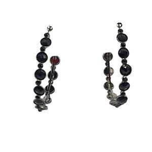 Black Rhinestone Silver-Tone Hoop Earrings 2" Round Vintage 1980s